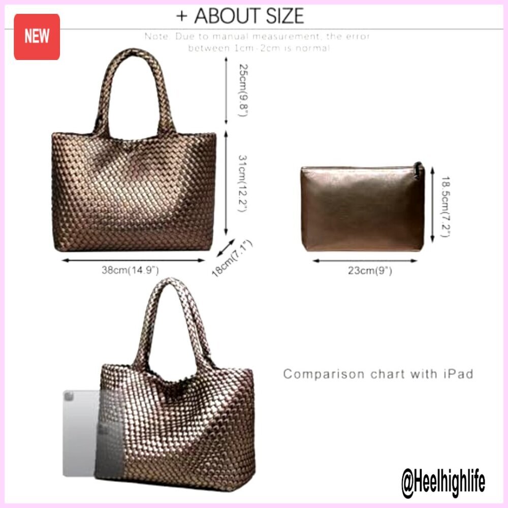 Woven Tote Bag Handmade Vegan Leather Large Shoulder Purse Chic Retro - Picture 2 of 5